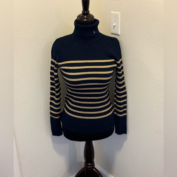 Lauren Ralph Lauren Turtleneck Navy Blue Gold Stripe Sweater Turtleneck XS S - Picture 1 of 8